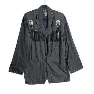 Short Circuit Vintage Western Fringe Blazer Black Cotton Concho Studded Large